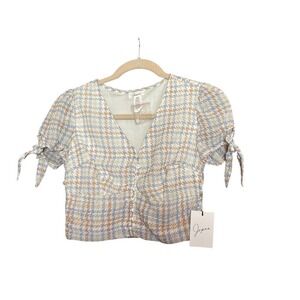 Japna Women's Houndstooth Crop Top‎ Button Front Puff Sleeves XS New with Tags